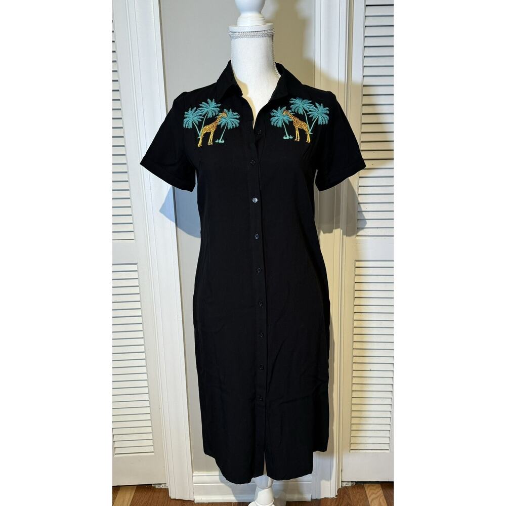 Sugarhill Brighton Black Justine Giraffe Embroidered Shirt Dress Size 2 NWT